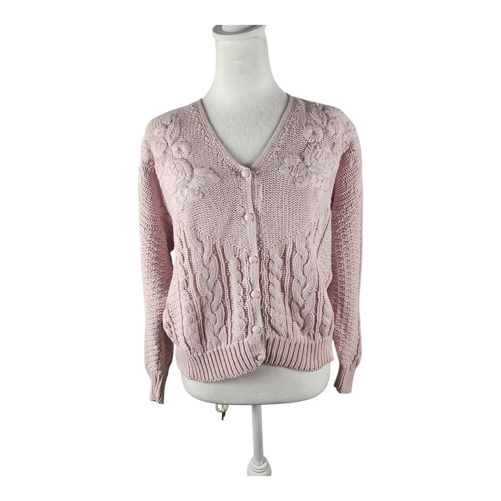 Vintage Adesso Pink Knit Embroidery Rose Button-Up Cardigan Sweater